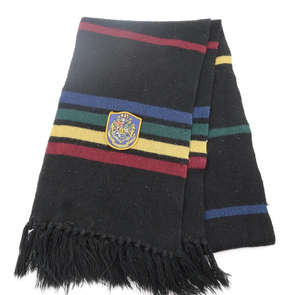 Harry Potter Hogwarts Crest Knit Scarf OS Black Multi Color Striped Fringe‎